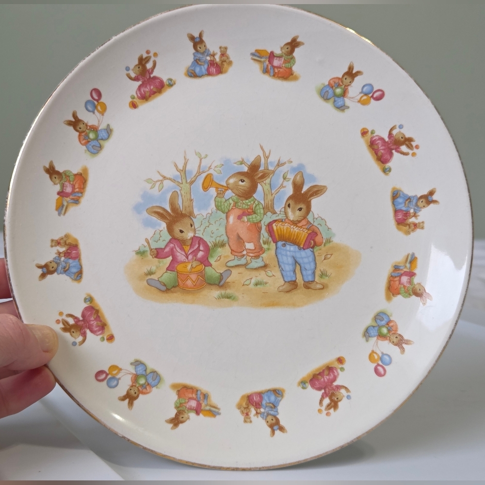 Vintage Easter Bunny Marching Band 7" Decorative Plate Gold Details Cottagecore